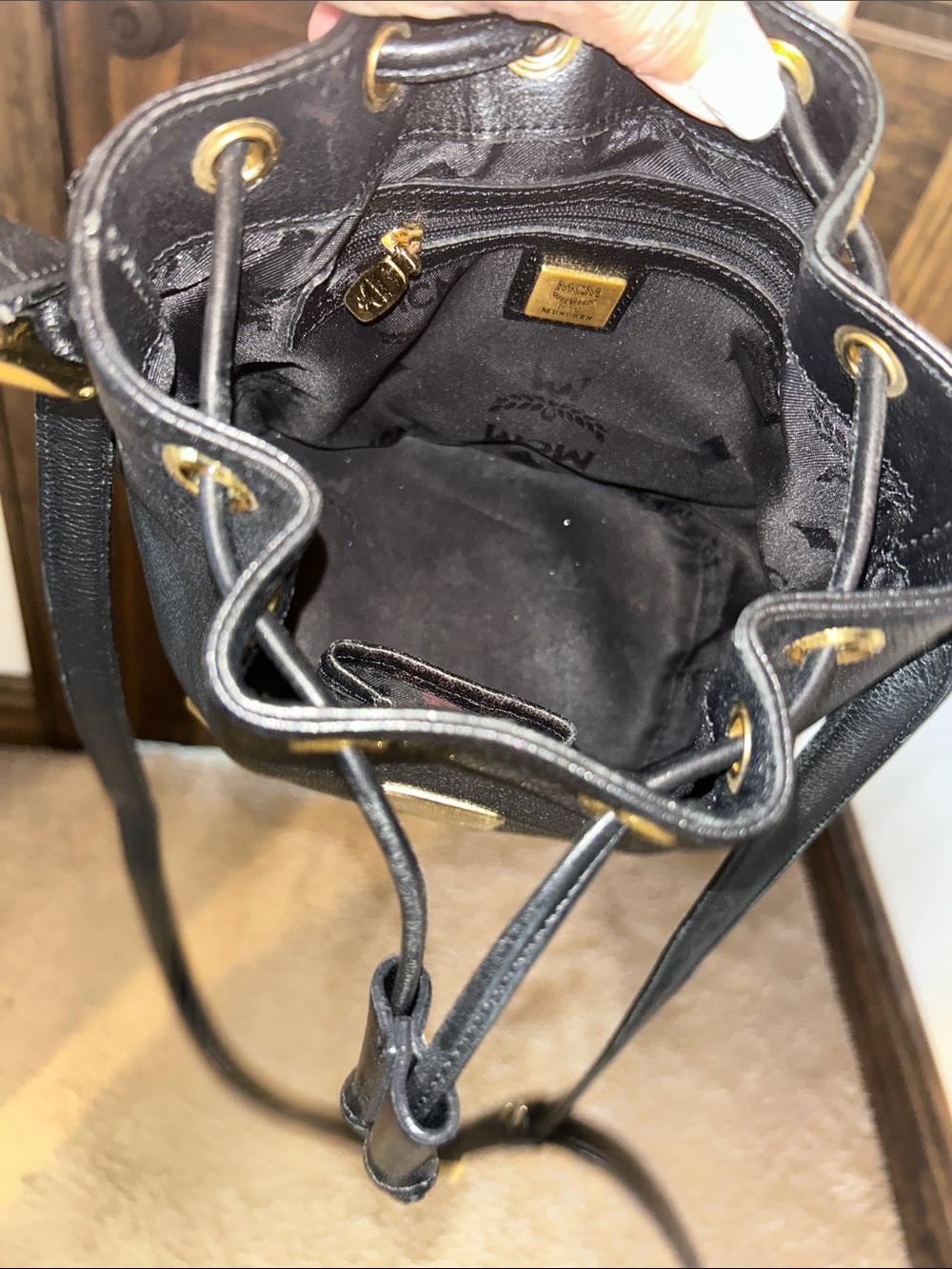 MCM Black Leather Mini Drawstring Bucket Bag with Gold Accents - Picture 13 of 14